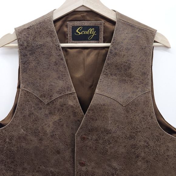 Scully Genuine Leather Button Up Vest Western Brown Distressed Crackled Size 42 - Picture 2 of 9
